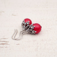 Victorian Style Earrings made with Red Crystal Pearls and Antiqued Silver Filigree
