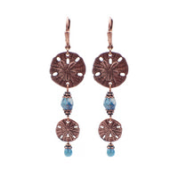 Long Sand Dollar Dangle Earrings with Lustered Ocean Blue Czech Glass Beads