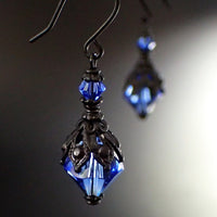 Sapphire Blue Gothic Victorian Crystal Earrings with Black Metal Filigree