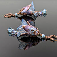 Iridescent Lavender and Blue Lucite Flower Earrings with Crystal Beads