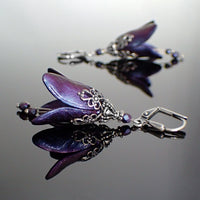 Iridescent Flower Earrings in Blue, Purple, and Fuchsia with Antiqued Silver Filigree