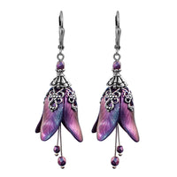 Iridescent Flower Earrings in Color-Shifting Blue, Purple, and Fuchsia with Antiqued Silver Filigree