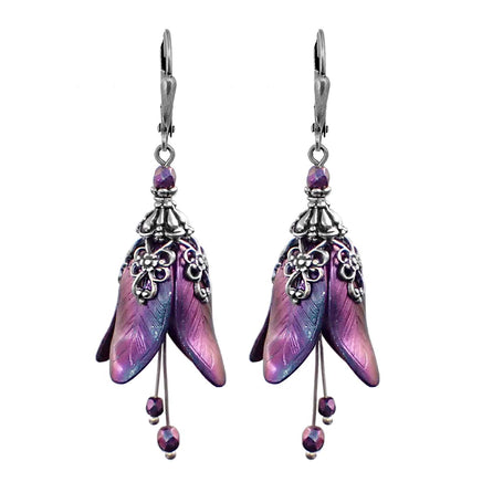 Iridescent Flower Earrings in Color-Shifting Blue, Purple, and Fuchsia with Antiqued Silver Filigree
