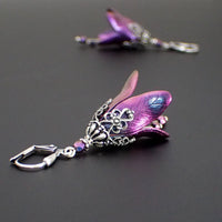 Iridescent Flower Earrings in Blue, Purple, and Fuchsia with Antiqued Silver Filigree