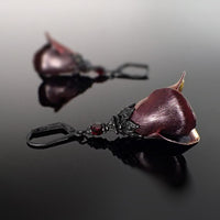 Iridescent Black and Red Color Shifting Flower Earrings, Gothic Victorian Style Tulips with Black Metal and Garnet Crystals