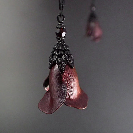 Iridescent Black and Red Color Shifting Flower Earrings, Gothic Victorian Style Tulips with Black Metal and Garnet Crystals