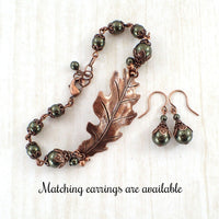 Dark Green Crystal Pearl and Copper Oak Leaf Bracelet