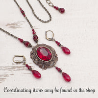 Victorian Style Dark Red Crystal Earrings with Antique Bronze Metal