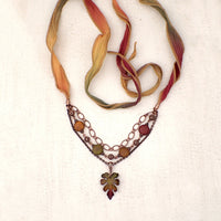 Autumn Oak Leaf Necklace with Antiqued Copper Chain, Hand Dyed Silk Tie, and Artisan Czech Glass Beads