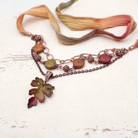 Autumn Oak Leaf Necklace with Antiqued Copper Chain, Hand Dyed Silk Tie, and Artisan Czech Glass Beads