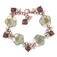 Czech Glass Beaded Bracelet with Artisan Table-cut Flower Beads, Mint Green and Champagne Beaded Clusters with Antiqued Copper Leaf Charms