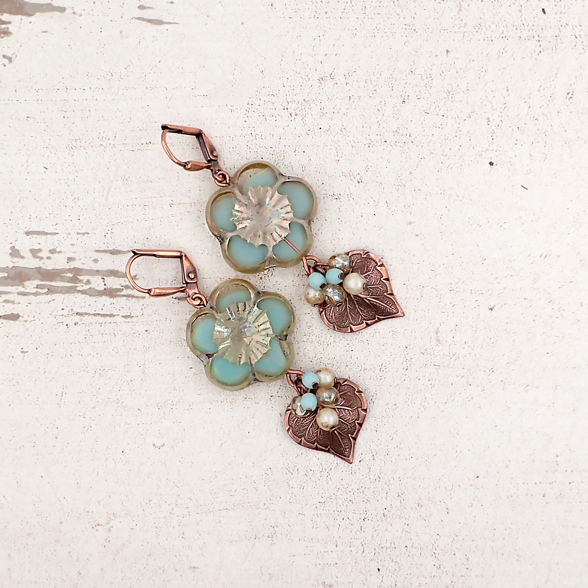 Czech Glass Earrings with Artisan Flower Beads, Mint Green and Champagne
