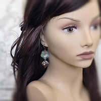 Czech Glass Earrings with Artisan Flower Beads, Mint Green and Champagne