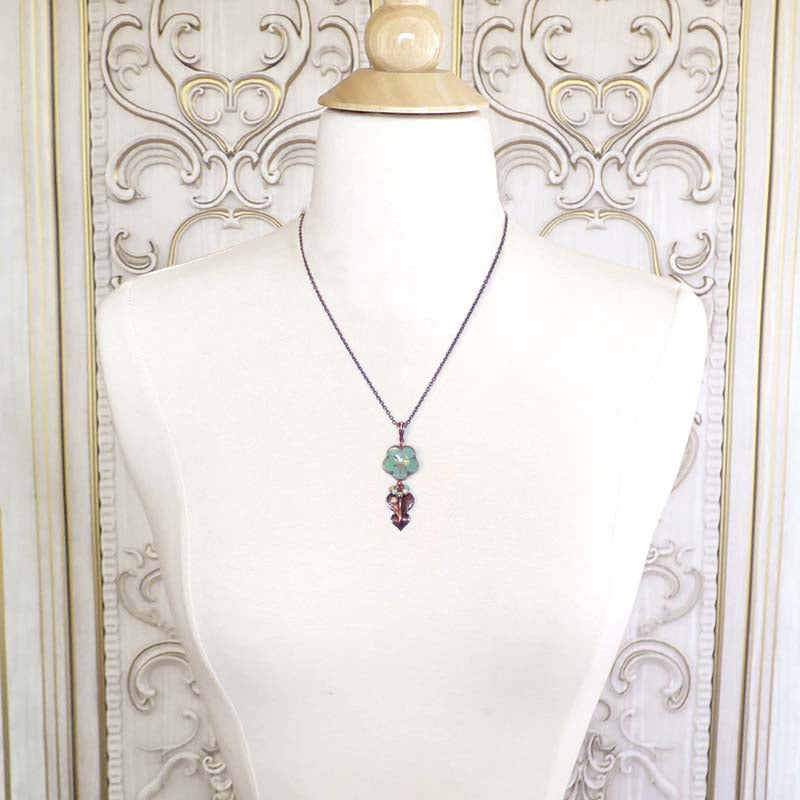 Czech Glass Pendant Necklace with Artisan Flower Beads, Mint Green and Champagne 32 Inches / 3 Inches