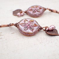 Czech Glass Earrings with Artisan Table-cut Flower Beads, Powder Pink Simulated Crystal Pearls, and Antiqued Copper Leaf Charms