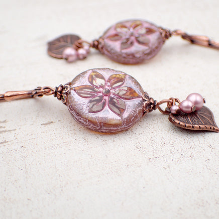 Czech Glass Earrings with Artisan Table-cut Flower Beads, Powder Pink Simulated Crystal Pearls, and Antiqued Copper Leaf Charms