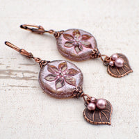 Czech Glass Earrings with Artisan Table-cut Flower Beads, Powder Pink Simulated Crystal Pearls, and Antiqued Copper Leaf Charms