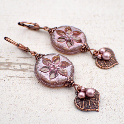 Czech Glass Earrings with Artisan Table-cut Flower Beads, Powder Pink Simulated Crystal Pearls, and Antiqued Copper Leaf Charms