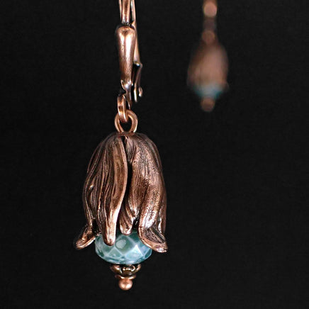 Antiqued Copper Vintage Style Tulip Earrings with Teal Czech Glass Beads