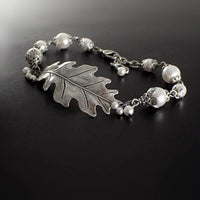 Antiqued Silver Oak Leaf Bracelet with White Crystal Pearls handmade jewelry vintage style