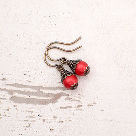 Victorian style handmade small Red and Bronze Crystal Simulated Pearl Earrings