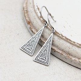 Silver Geometric Drop Earrings in Antiqued Silver with Flourish art nouveau pattern