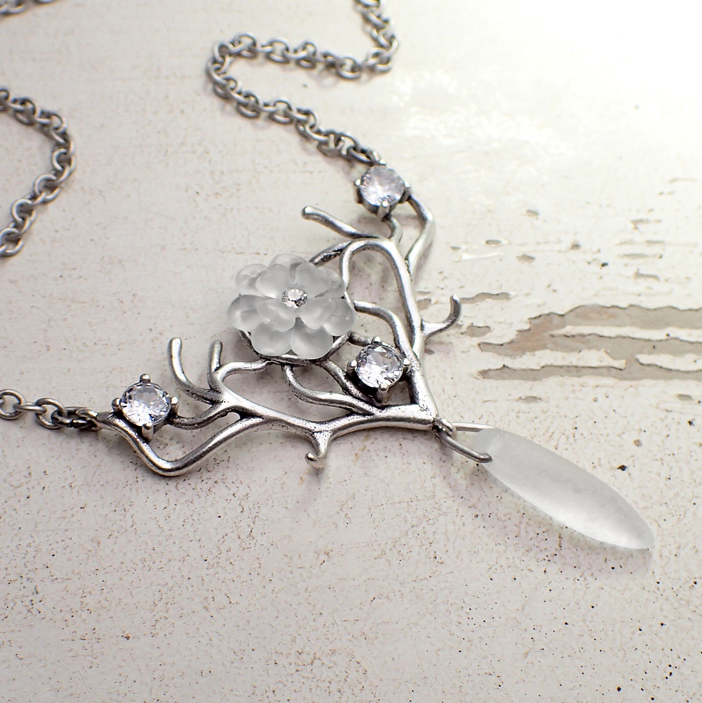 Handmade Antler Necklace with Antiqued Silver and Frosted Glass