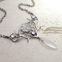 Handmade Antler Necklace with Antiqued Silver and Frosted Glass
