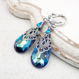 Blue Antique Style Crystal Earrings with Antiqued Silver Filigree