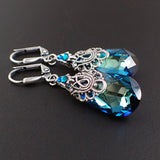 Blue Antique Style Crystal Earrings with Antiqued Silver Filigree