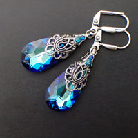 Blue Antique Style Crystal Earrings with Antiqued Silver Filigree