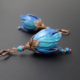Iridescent Blue and Teal Flower Earrings, Colorful Handmade Victorian Tulip Drops with Antiqued Copper
