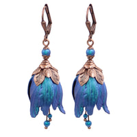 Iridescent Blue and Teal Flower Earrings with Antiqued Copper