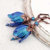 Iridescent Blue and Teal Flower Earrings, Colorful Handmade Victorian Tulip Drops with Antiqued Copper
