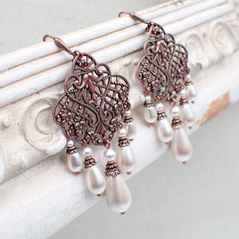 Antique Style Filigree Chandelier Earrings with White Pearls