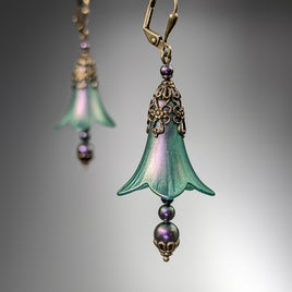 Lucite Flower Earrings in Iridescent Green and Purple