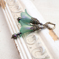 Lucite Flower Earrings in Iridescent Green and Purple