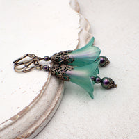 Lucite Flower Earrings in Iridescent Green and Purple