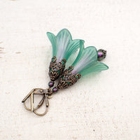 Lucite Flower Earrings in Iridescent Green and Purple