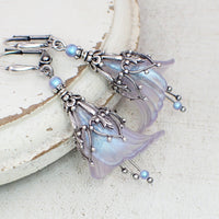 handmade Iridescent Lucite Flower Earrings in Lavender and Blue