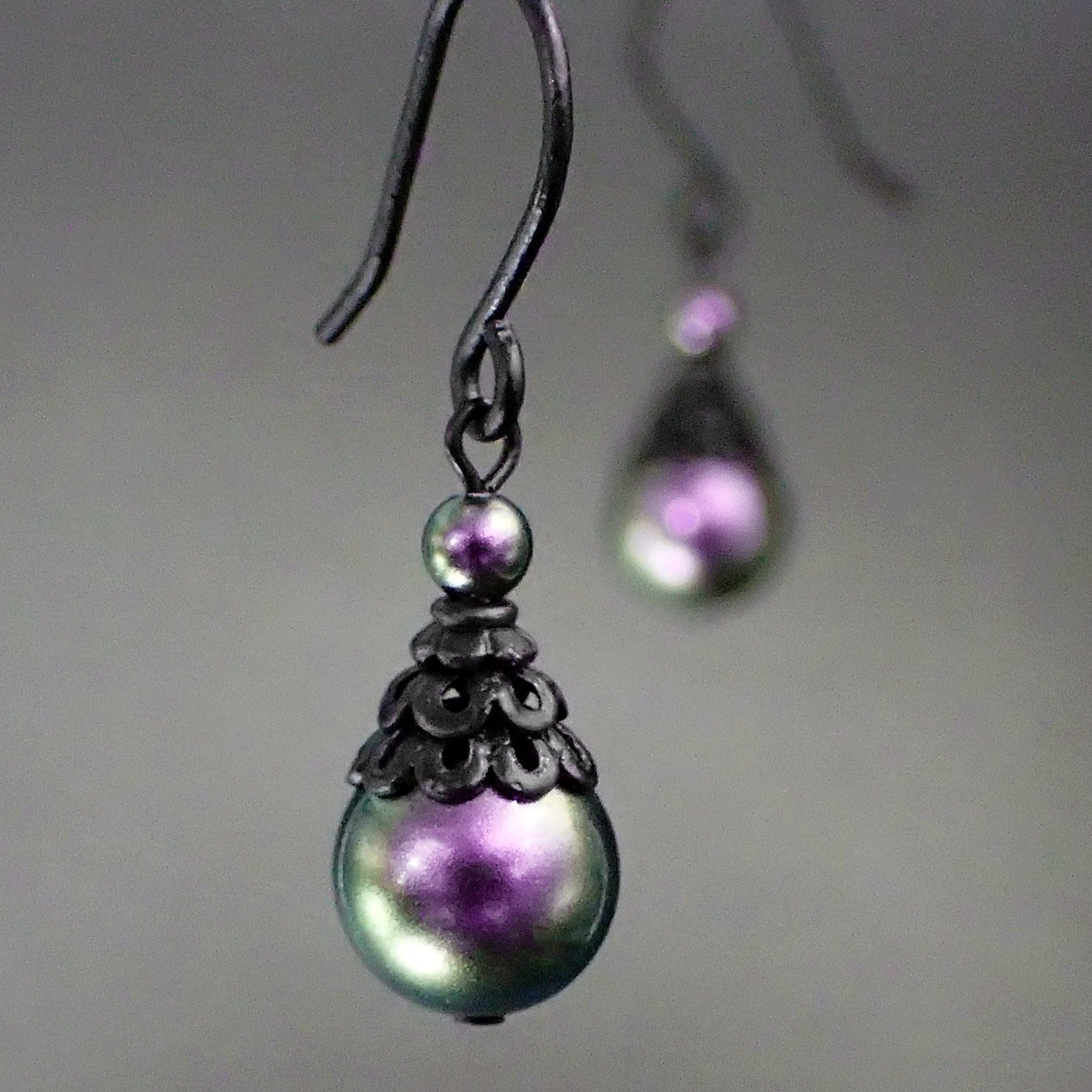 Iridescent Dark Purple Crystal Pearl Handmade Earrings with Black Meta|  Ardent Hearts Designs