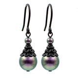 Iridescent Dark Purple Crystal Pearl Handmade Earrings with Black Metal
