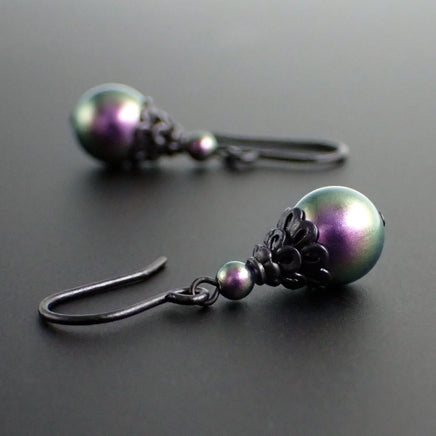 Iridescent Dark Purple Crystal Pearl Handmade Earrings with Black Metal