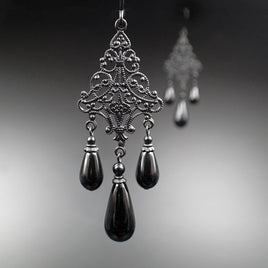 Lacy Gothic Chandelier Earrings with All Black Metal and Crystal Pearls