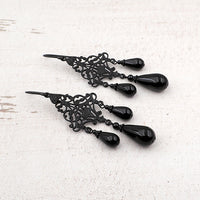 Lacy Gothic Chandelier Earrings with All Black Metal and Crystal Pearls