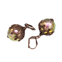 Iridescent Bead Earrings Pink and Green with Victorian Style Antiqued Copper Floral Filigree
