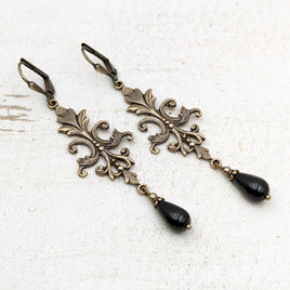 Handmade Medieval Style Earrings with Black Crystal Pearls and antiqued brass connectors