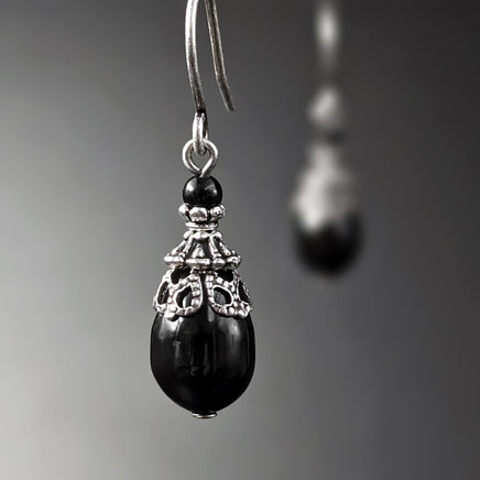 Black Victorian Style Pearl Teardrop Earrings with Antiqued Silver Filigree