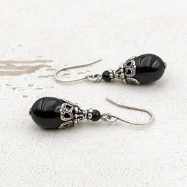 Black Victorian Style Pearl Teardrop Earrings with Antiqued Silver Filigree