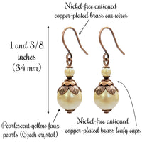 Handmade Butter Yellow Drop Earrings with Czech Crystal Pearls and Antiqued Copper Floral Accents